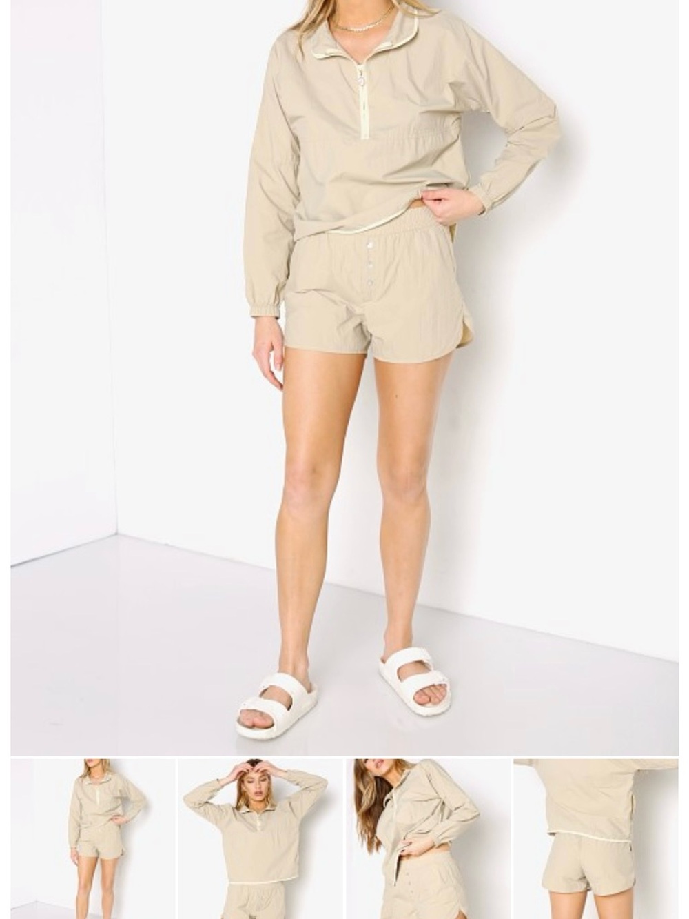 DONNI. Neutral Beige Athletic Button-Front Shorts